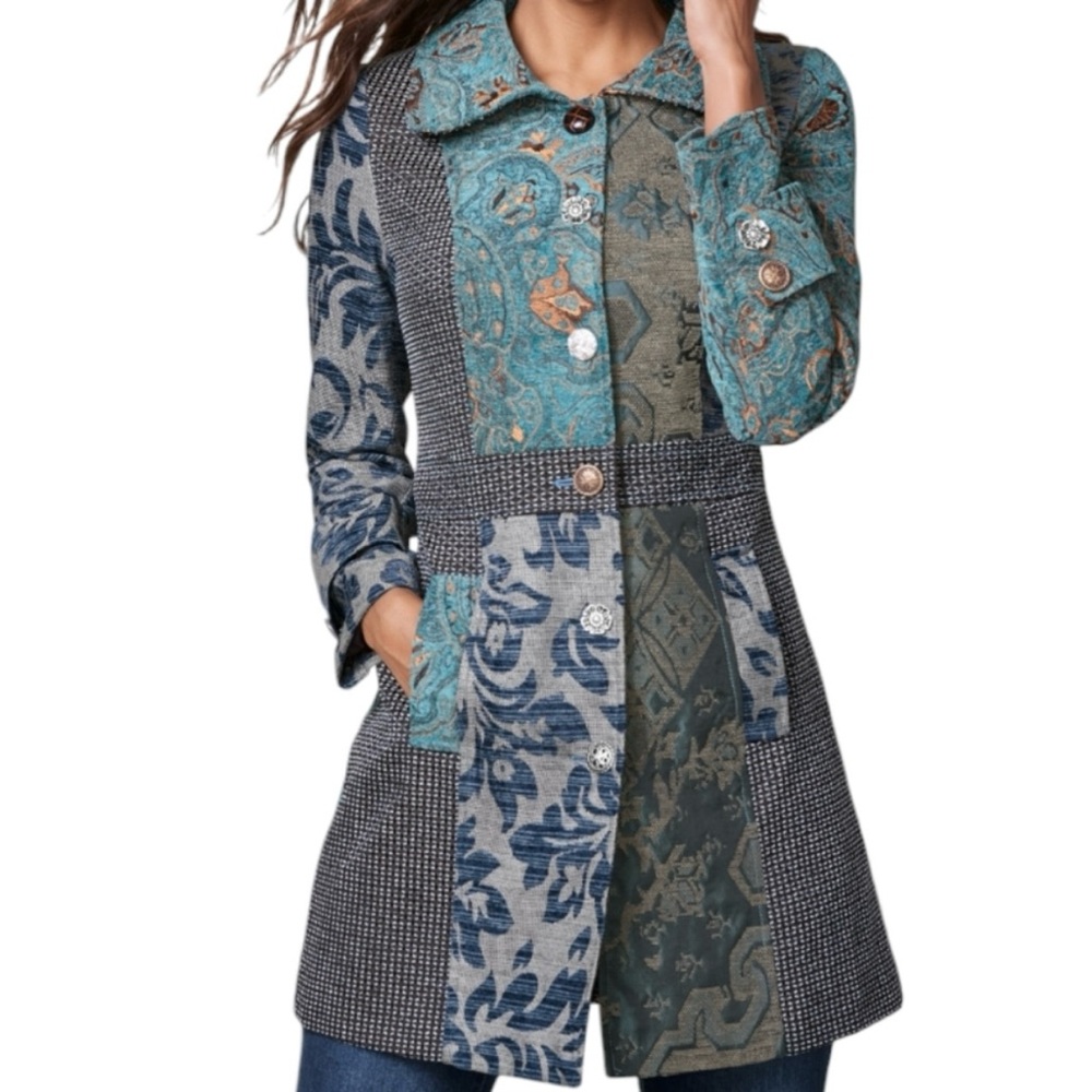 VENUS Patchwork Blue Teal Patterned Trench Coat